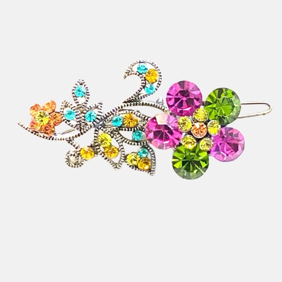 Silver Tone Sparkling Floral Crystal Barrette - Picture 3 of 5